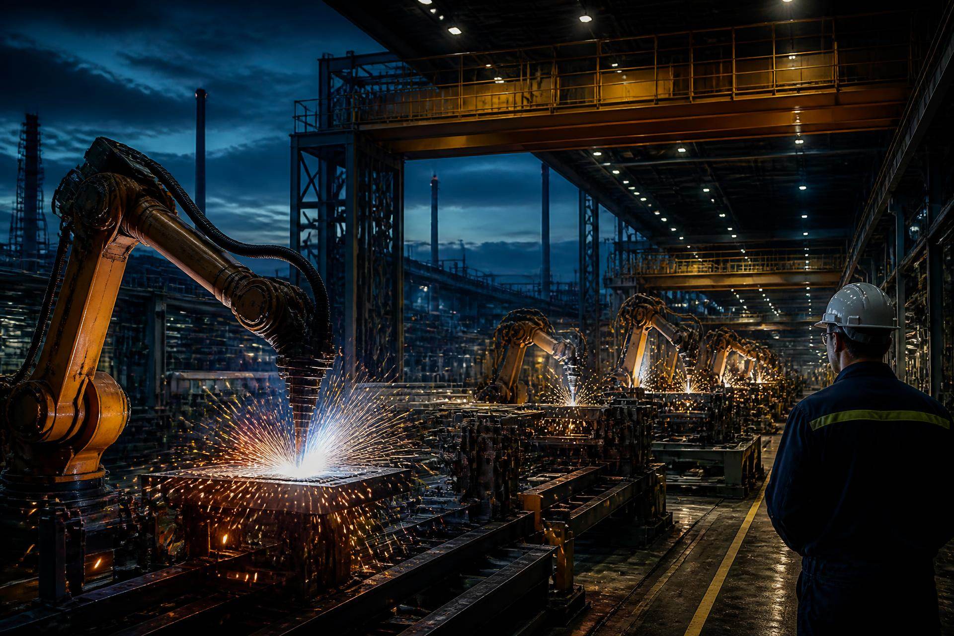Industrial manufacturing plant with robotic welding at blue hour